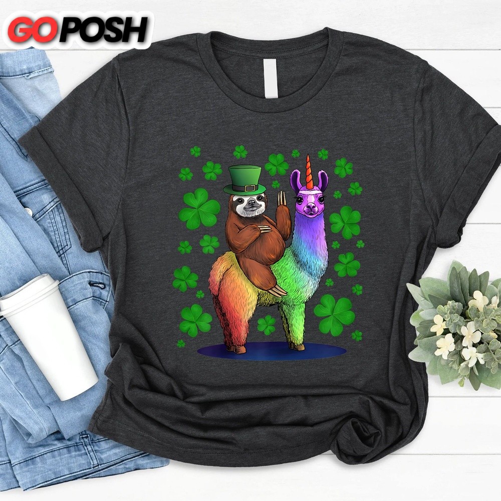 Patrick’s Day T-Shirt, Funny Sloth Riding Llama Unicorn St Patricks Day T-Shirt, Funny St. Patrick’s Day Shirts, Sloth Lover Tee, Llama Shirt