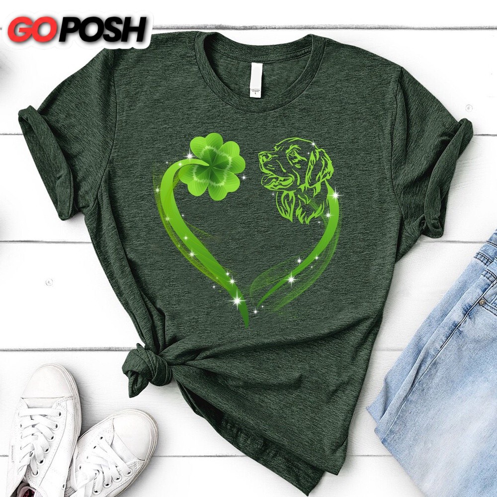 Patrick’s Day T-Shirt, Golden Retriever On Four Leaf Clover Heart Shirt, St Patricks Day Shirt for Dog Mom