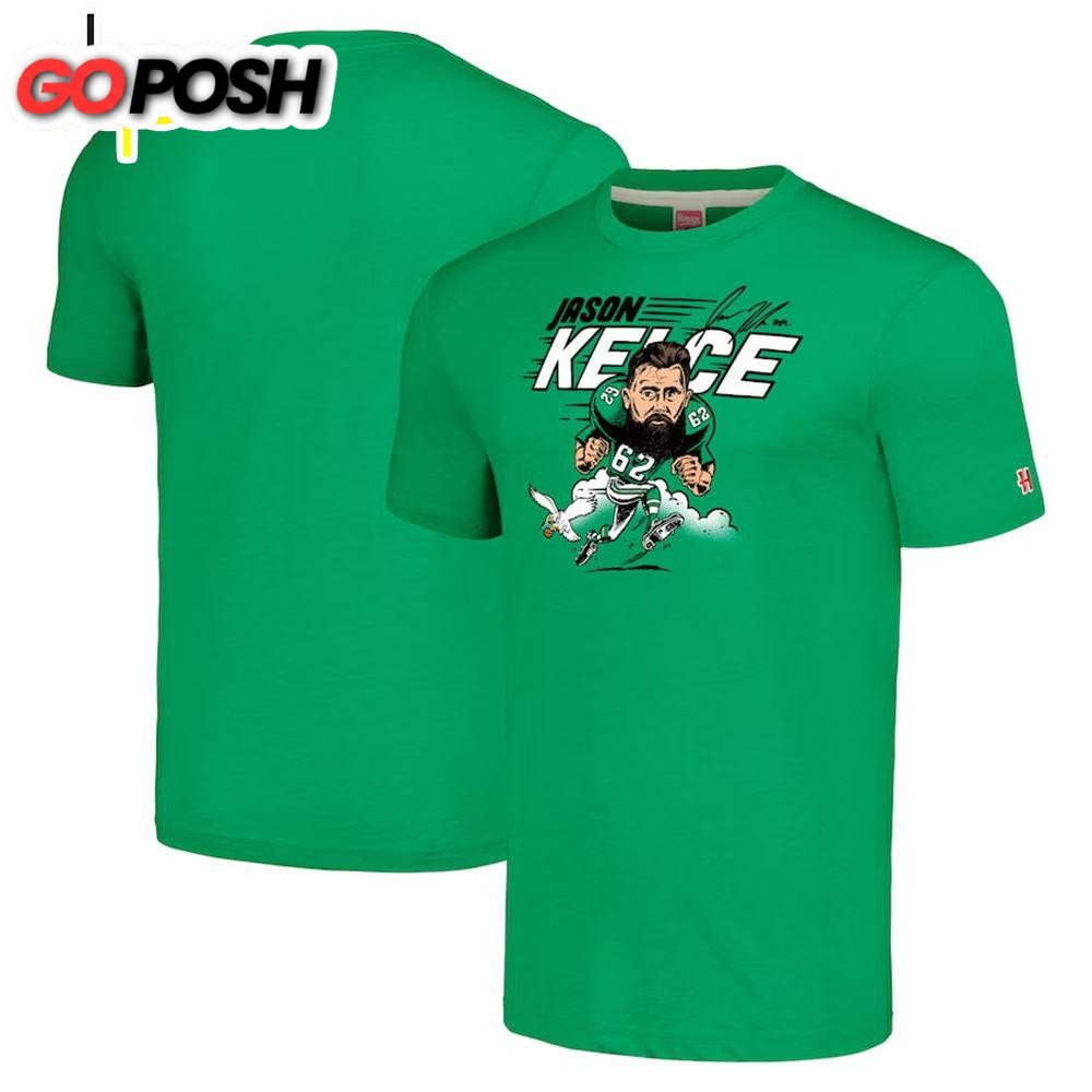 Philadelphia Eagles Jason Kelce Homage Heathered Kelly Green Caricature Player Tri-Blend Shirt