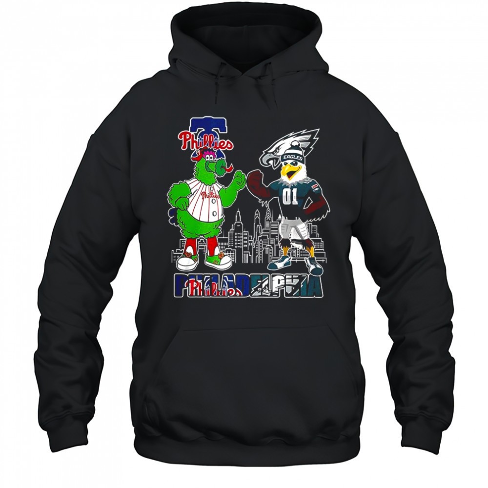 Phillie Phanatic Philadelphia Phillies touch hands Swoop Philadelphia Eagles mascot shirt