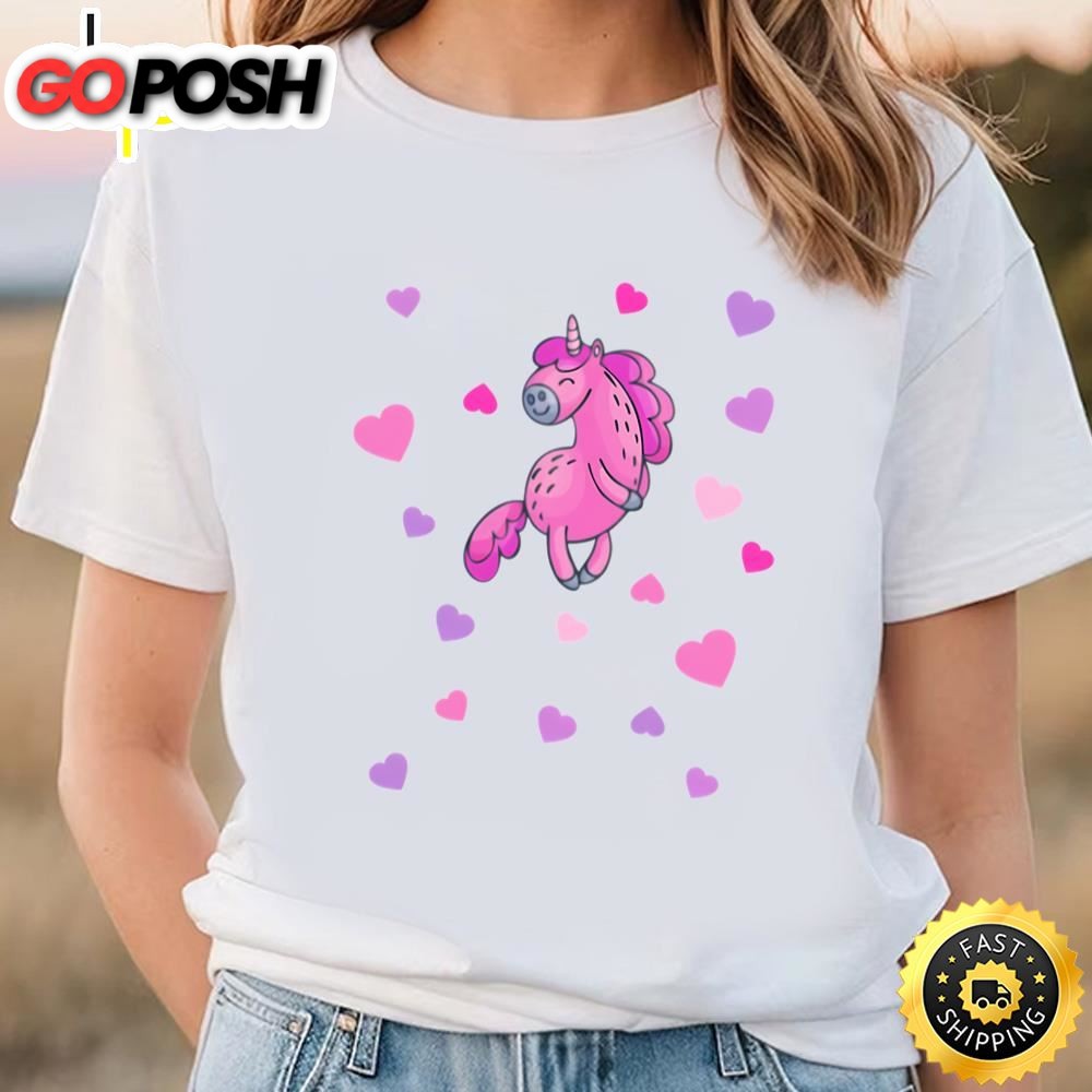 Pink Unicorn With Pink And Purple Hearts T-shirt