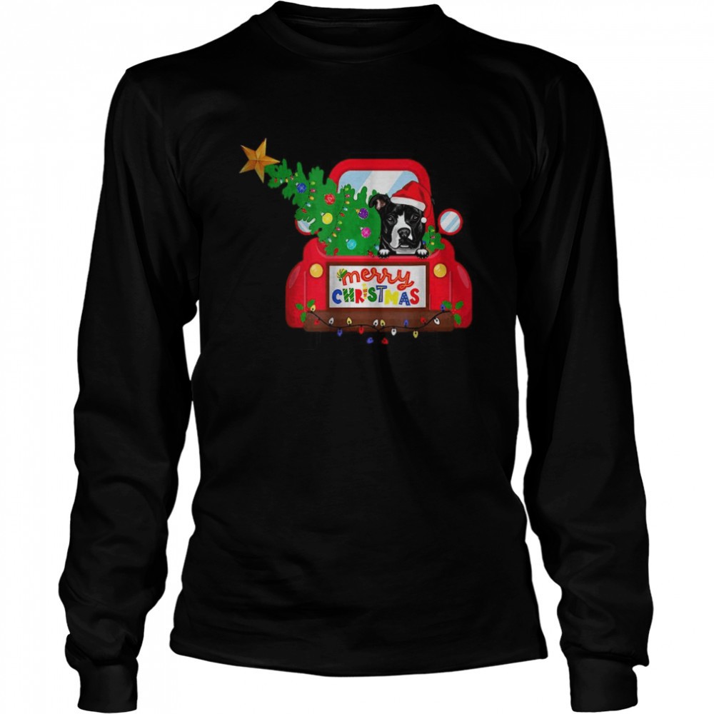 pit-bull-dog-riding-red-truck-christmas-holiday-t-shirt-qt50c89z Pit Bull Dog Riding Red Truck Christmas Holiday T-Shirt