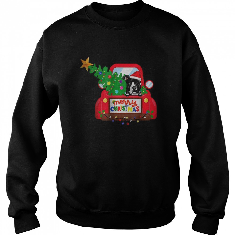 pit-bull-dog-riding-red-truck-christmas-holiday-t-shirt-qt50c89z Pit Bull Dog Riding Red Truck Christmas Holiday T-Shirt