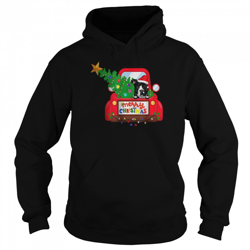 Pit Bull Dog Riding Red Truck Christmas Holiday T-Shirt
