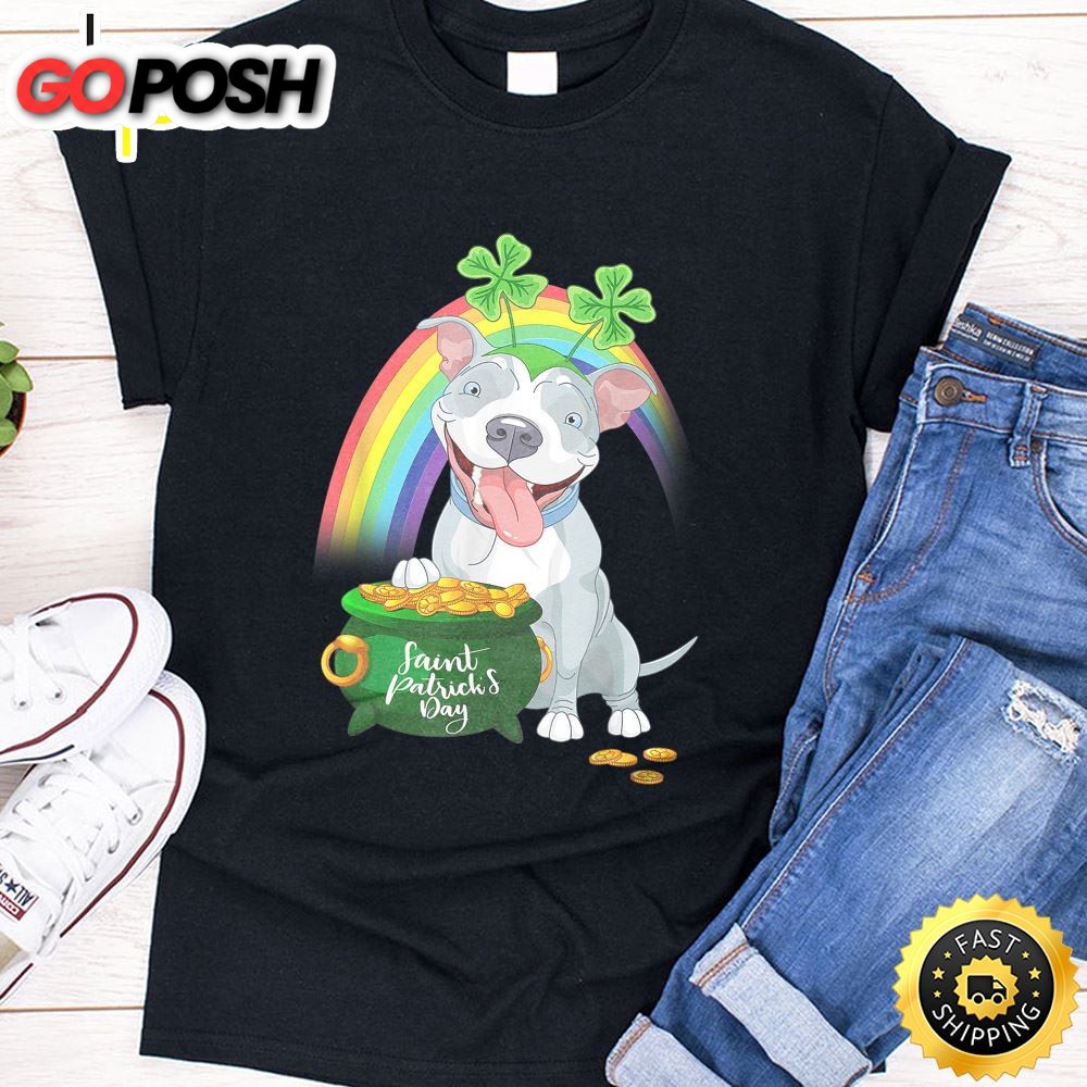 Pitbull Dog Irish Leprechaun Rainbow Saint St Patrick Day T-Shirt