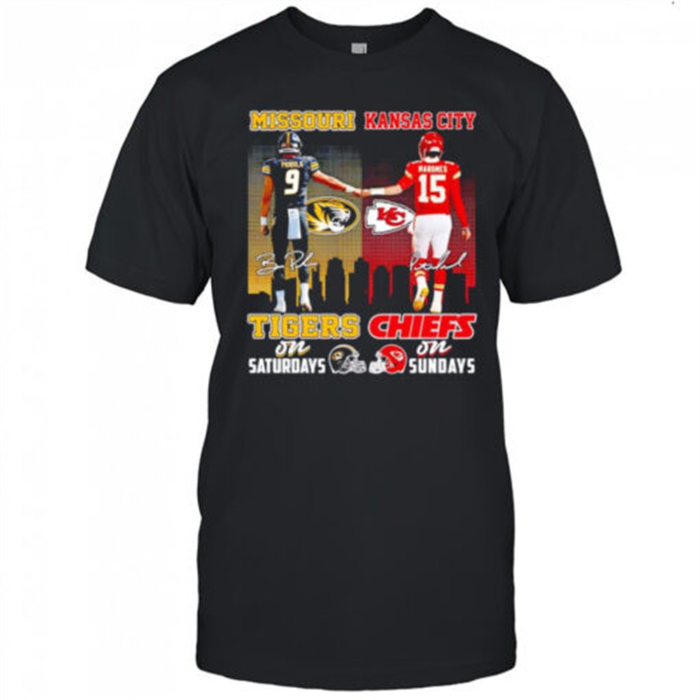 pribula-and-mahomes-missouri-tigers-on-saturday-kansas-city-chiefs-on-sundays-sh-vxu9rvsk Pribula and Mahomes Missouri Tigers on Saturday Kansas City Chiefs on Sundays shirt