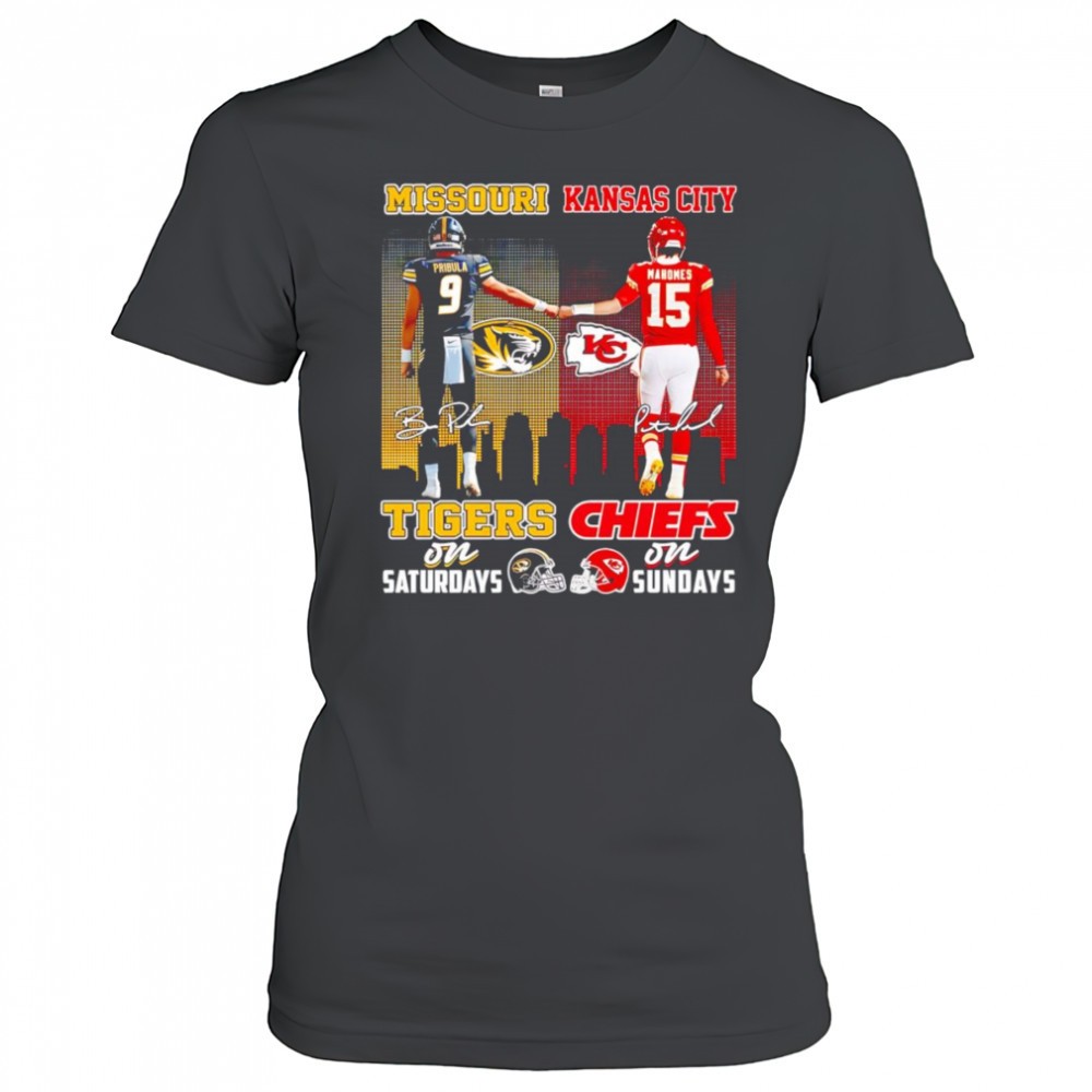 pribula-and-mahomes-missouri-tigers-on-saturday-kansas-city-chiefs-on-sundays-sh-vxu9rvsk Pribula and Mahomes Missouri Tigers on Saturday Kansas City Chiefs on Sundays shirt