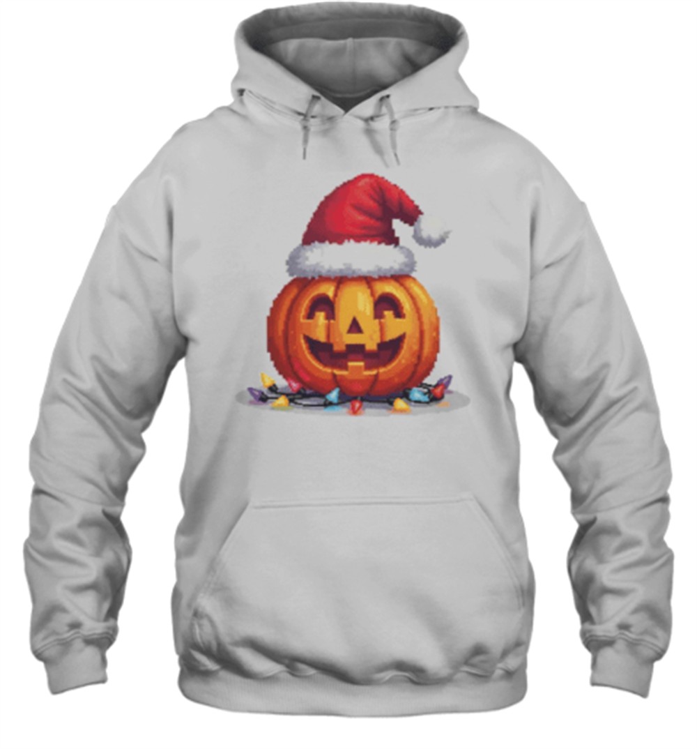 Pumpkin With Santa Hat And Christmas Lights Pixel Art T-Shirt