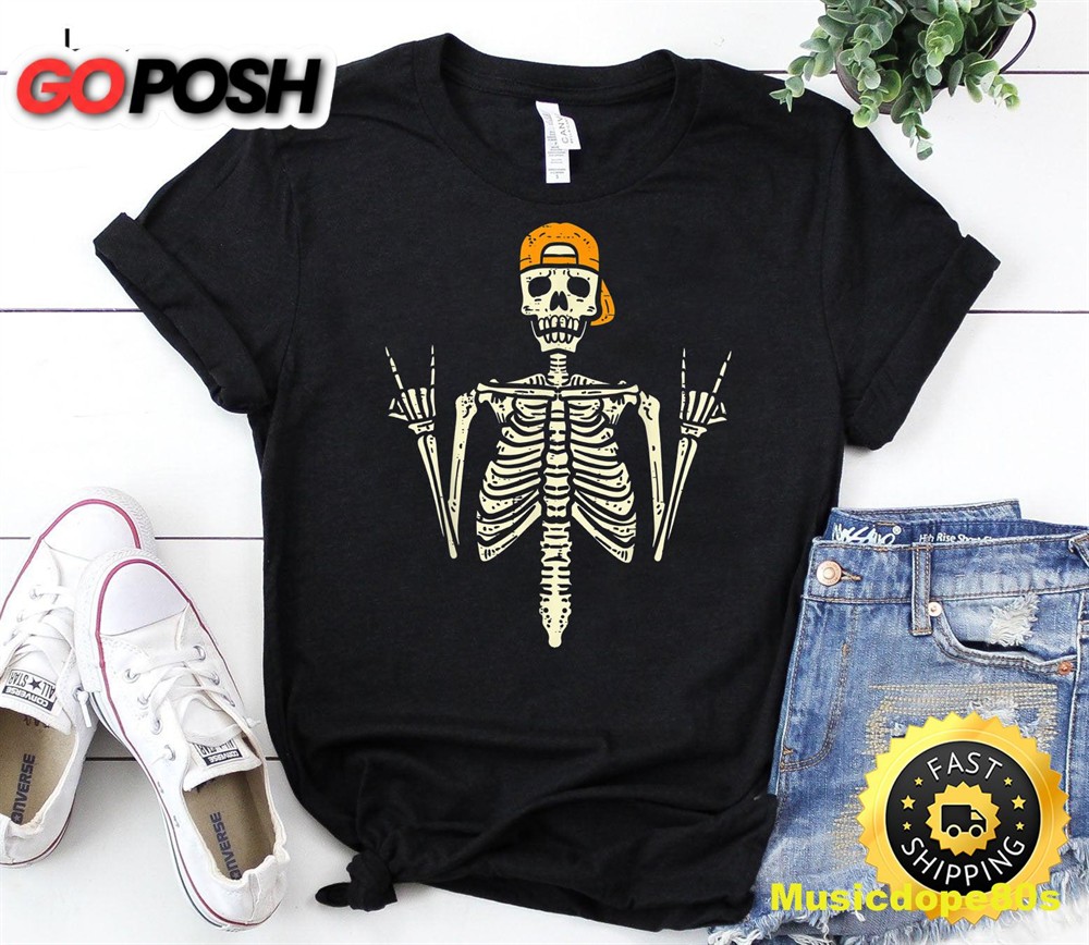Rocker Skater Skeleton Cap Cool Halloween Punk Men Boys T-Shirt