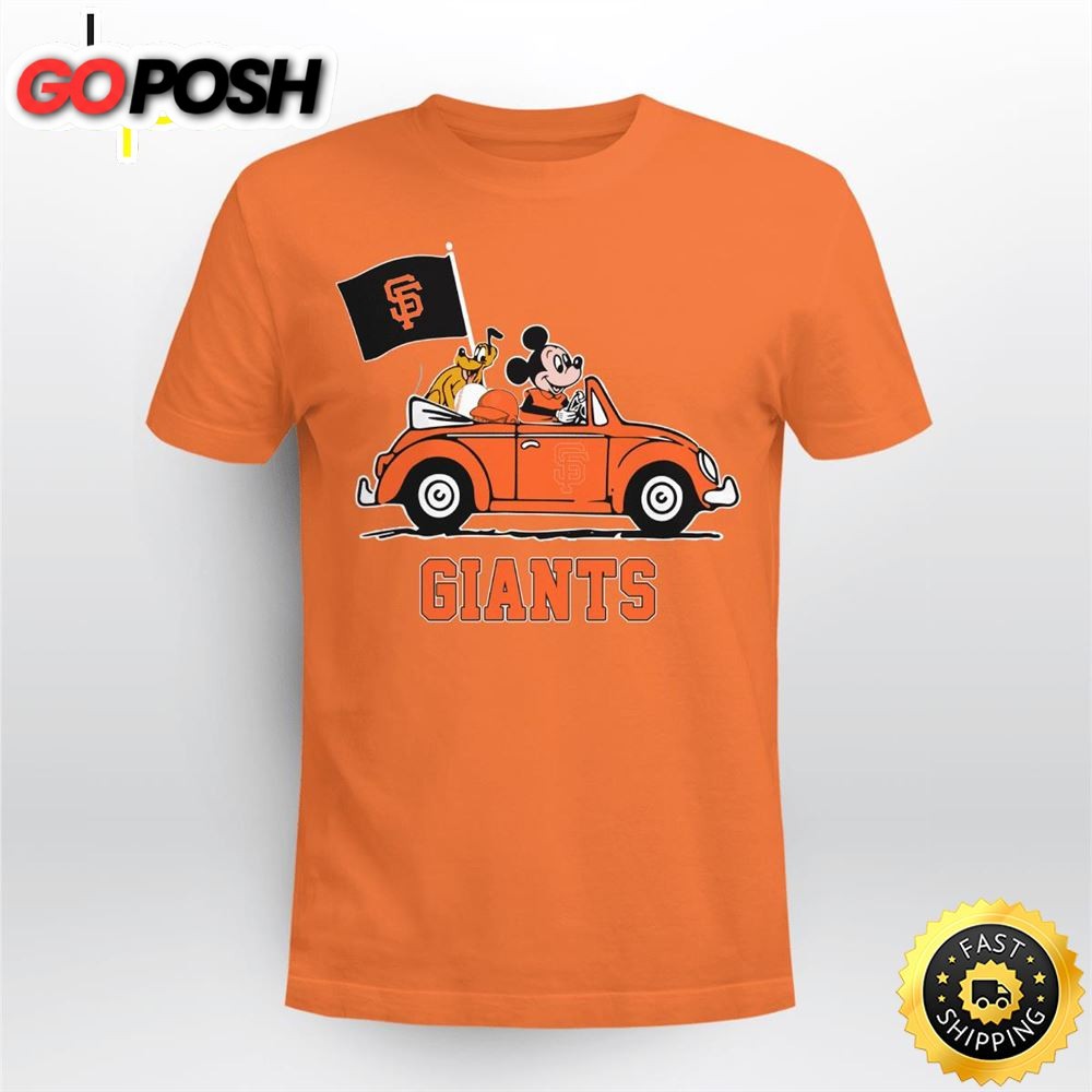 San Francisco Giants Pluto and Mickey Mouse Driving in a Car Shirt Mickey Mouse 100 Year Anniversary Shirt