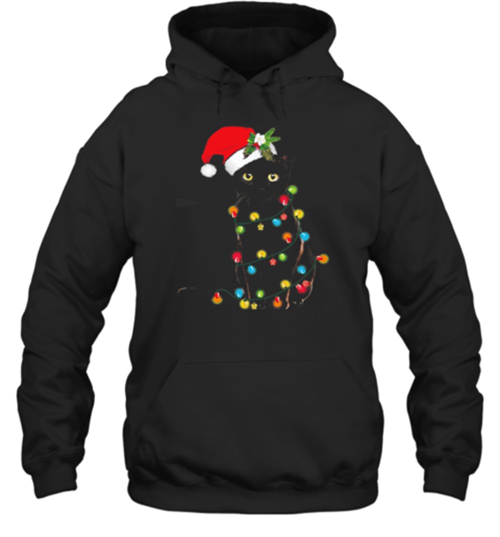 Santa Black Cat Tangled Up In Christmas Tree Lights Holiday T-Shirt