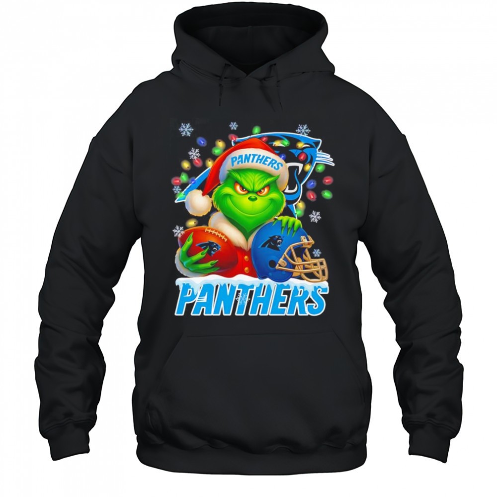 Santa Christmas Grinch Carolina Panthers holding helmet football shirt