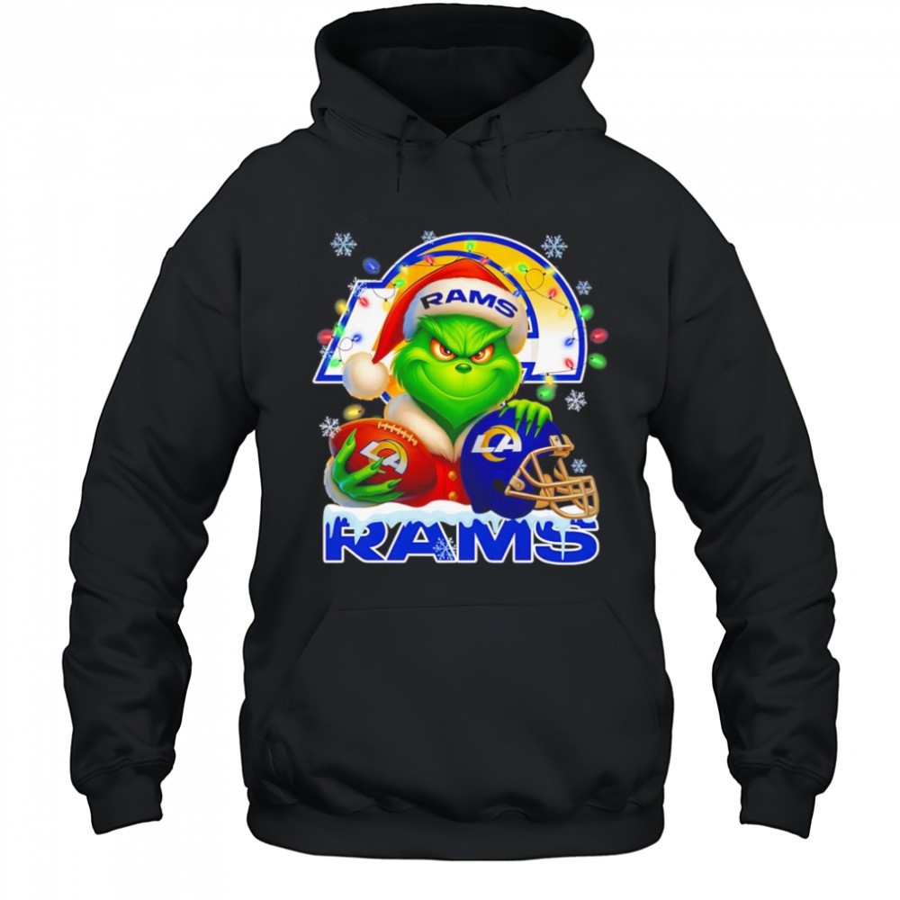 Santa Christmas Grinch Los Angeles Rams holding helmet football shirt