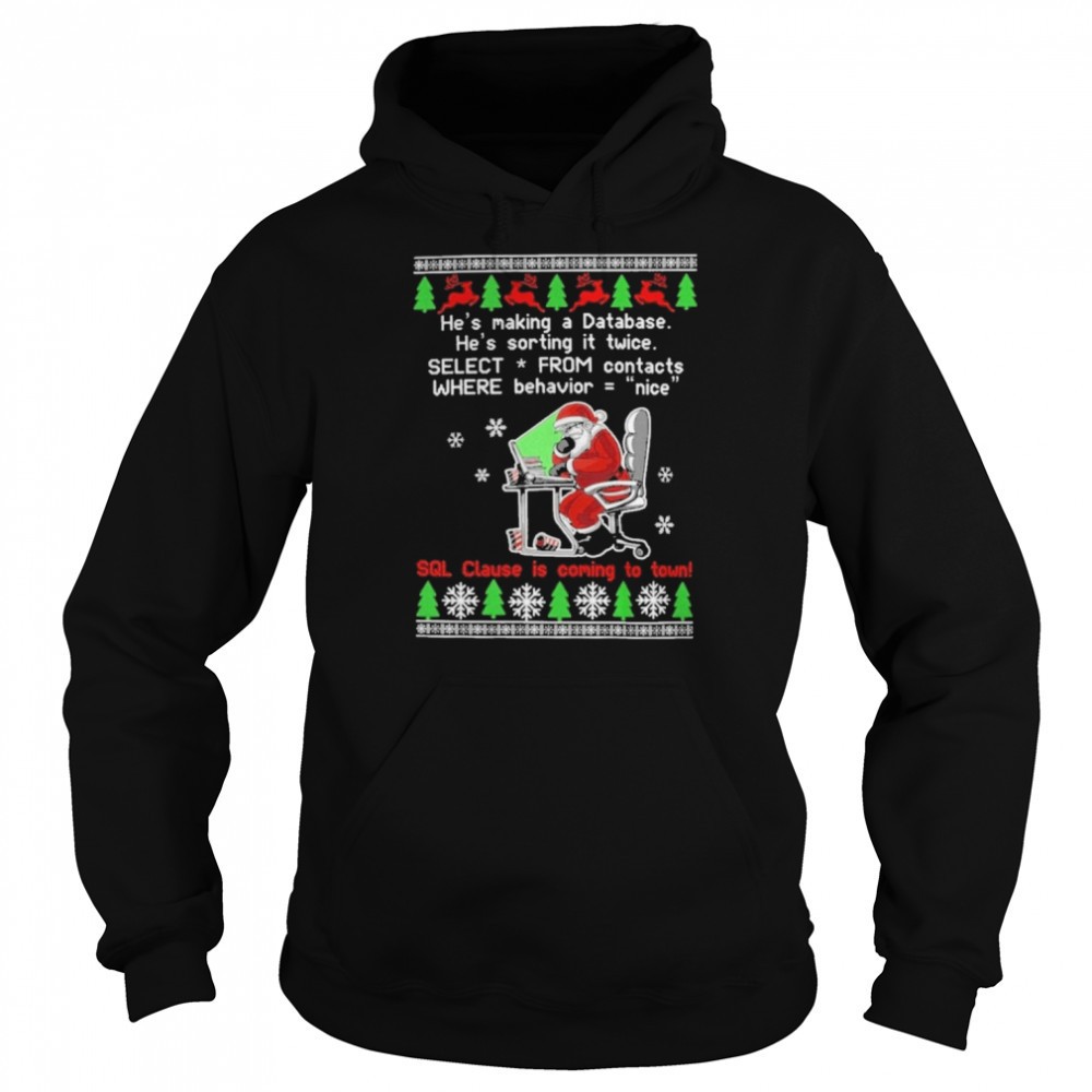 Santa Claus hes making database hes sorting it twice select from contacts where behavior nice Ugly Christmas shirt
