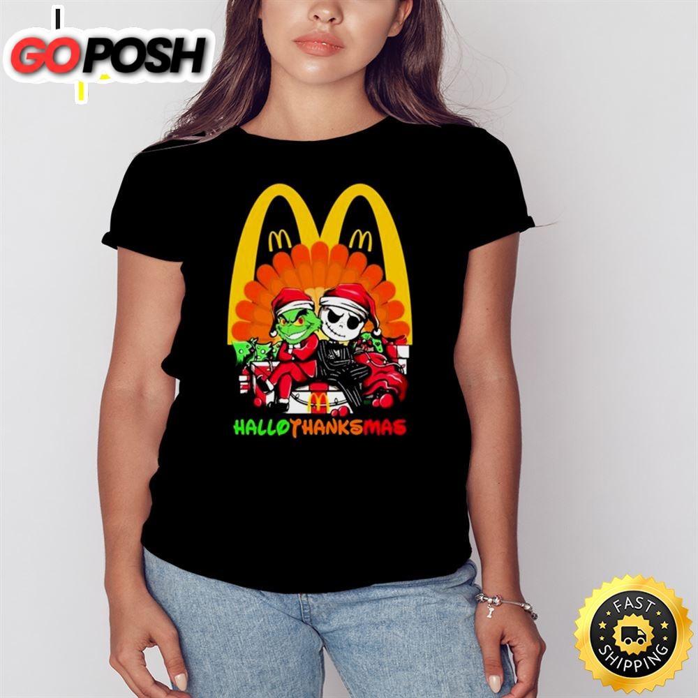 Santa Grinch And Jack Skellington Mc Donald Happy Hallothanksmas 2025 Shirt