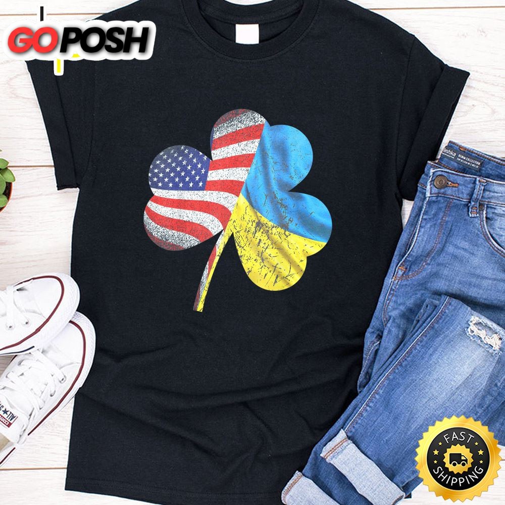 Shamrock American Flag With Ukraine Flag St. Patrick Day T-Shirt