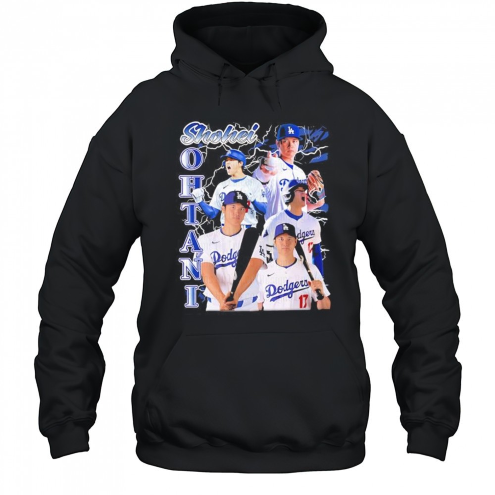 Shohei Ohtani in a Los Angeles Dodgers players graphic shirt