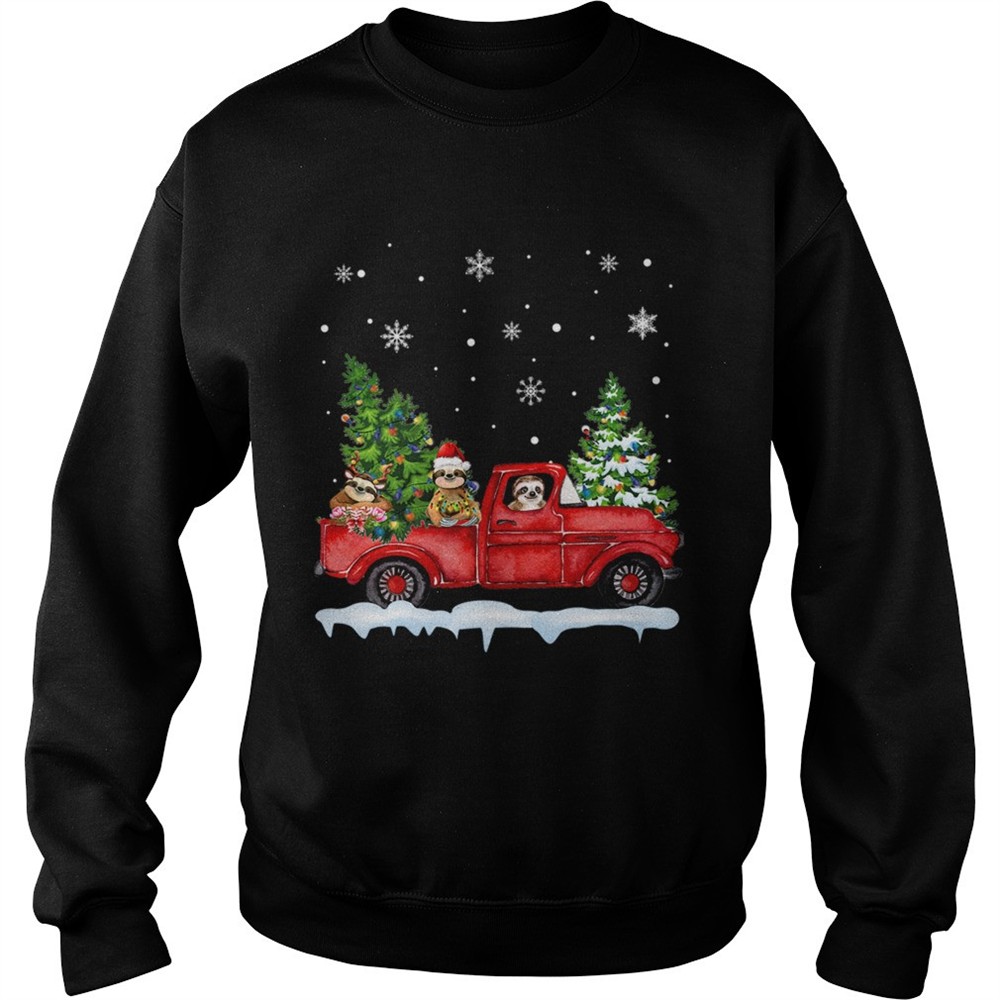Sloth With Red Truck Christmas Holiday Gift TShirt