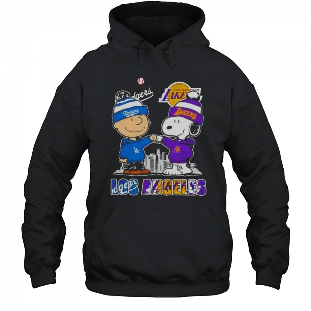 Snoopy And Charlie Brown Los Angeles Sports Dodgers X Lakers Skyline T-Shirt