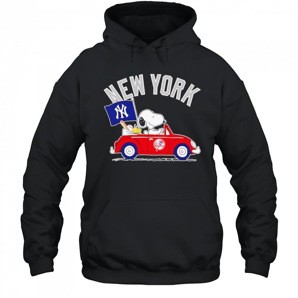 Snoopy and Woodstock driving car New York Yankees shirt