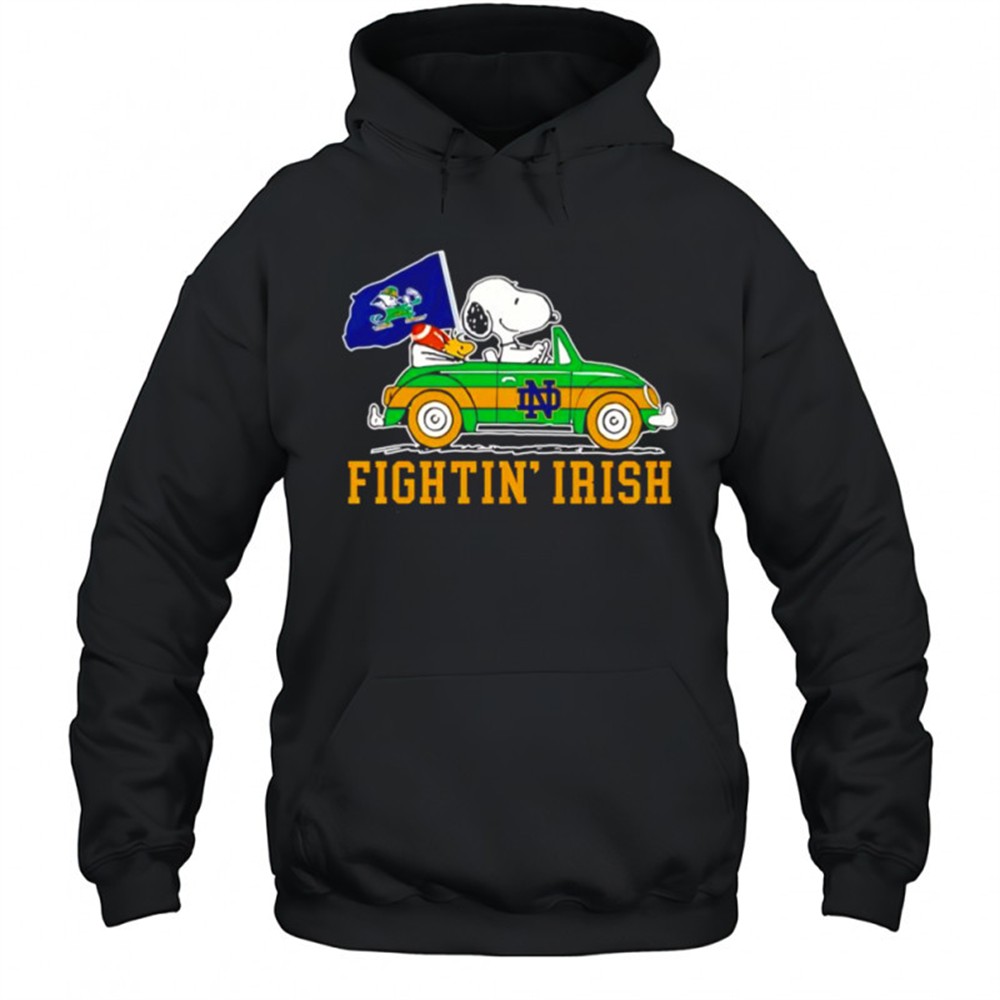 Snoopy and Woodstock driving car Notre Dame Fighting Irish shirt