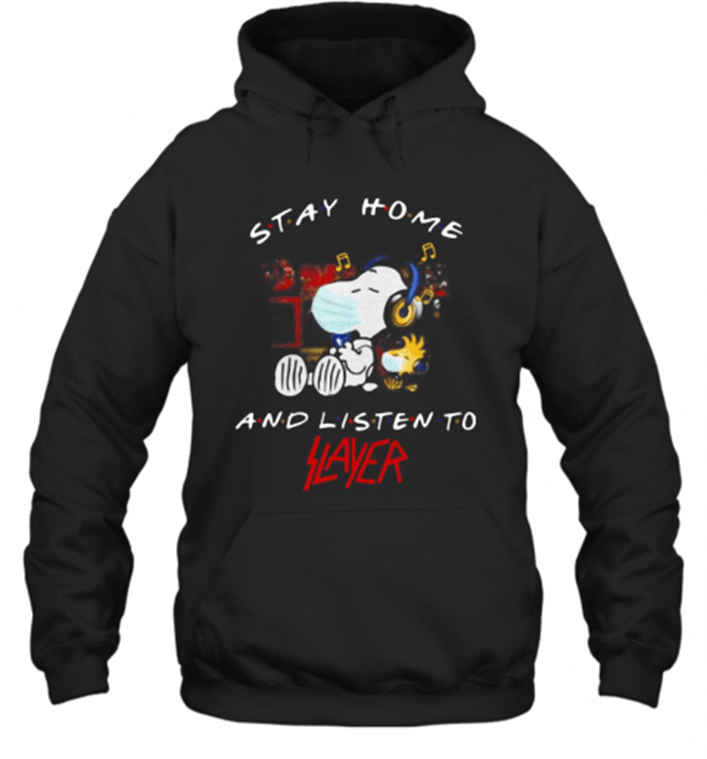 Snoopy And Woodstock Face Mask Stay Home And Listen To Slayer Thrash Metal Band T-Shirt