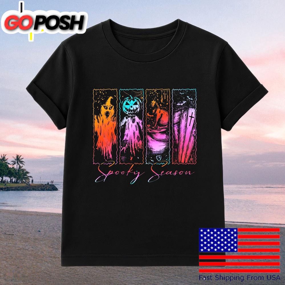 Spooky Season Retro Horror Ghost Pumpkin Cat Coffin T-Shirt