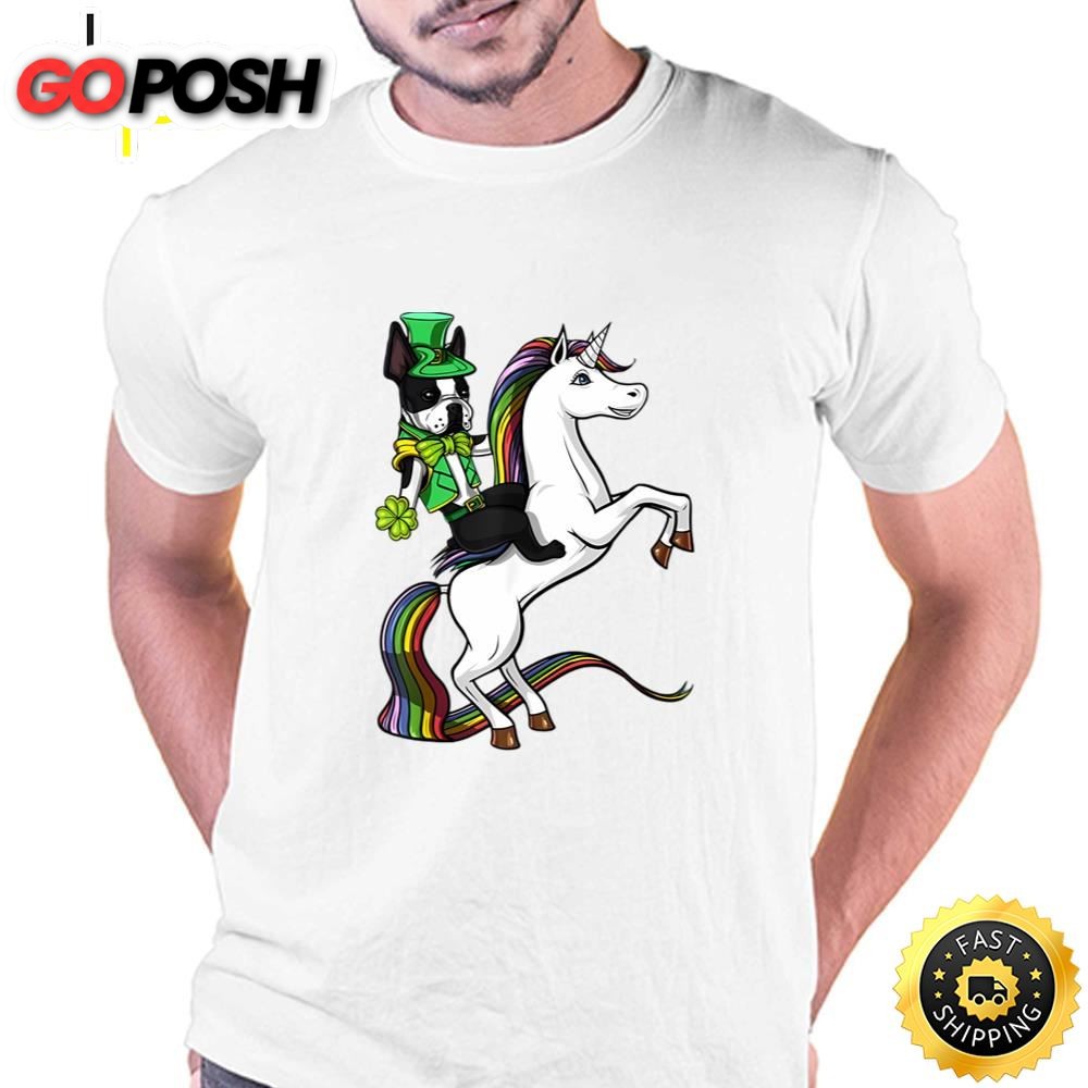 St Patricks Day Boston Terrier Dog Riding Unicorn T-Shirt