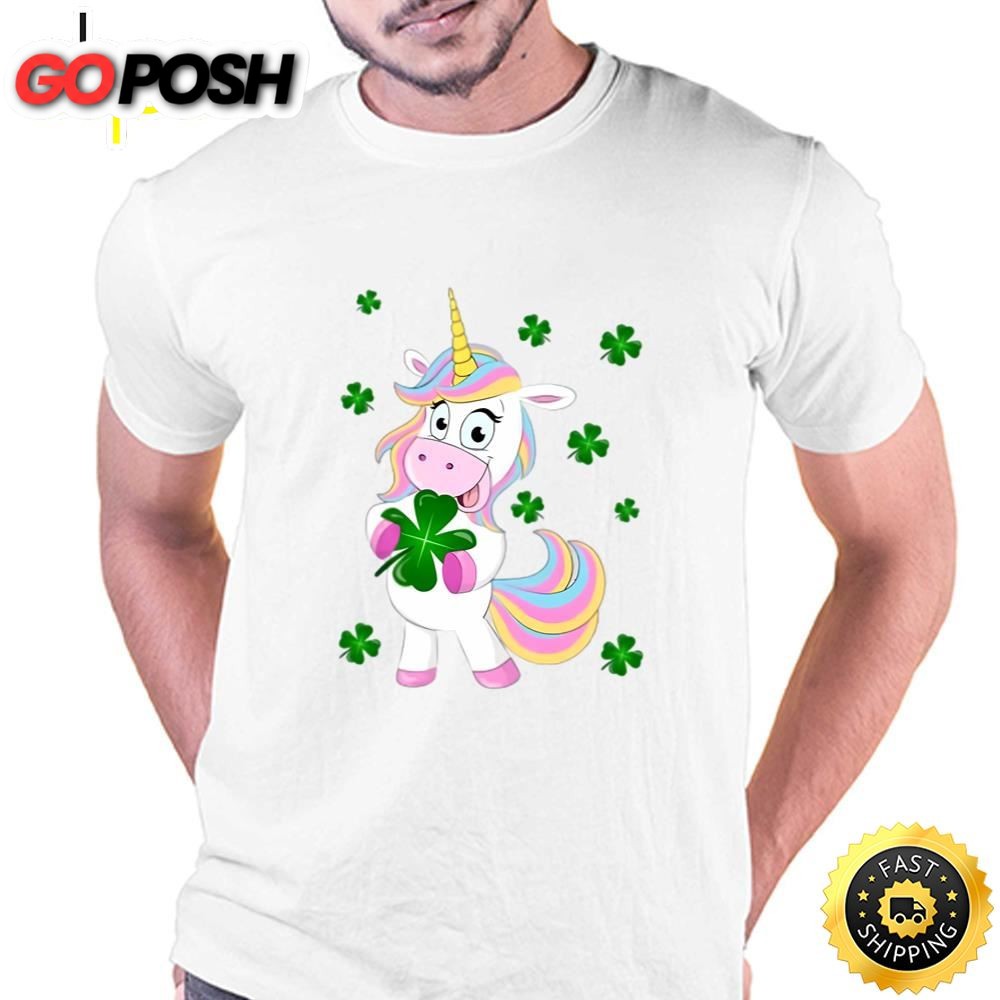 St Patricks Day Lucky Unicorn Holding a Four Leaf Clover T-Shirt
