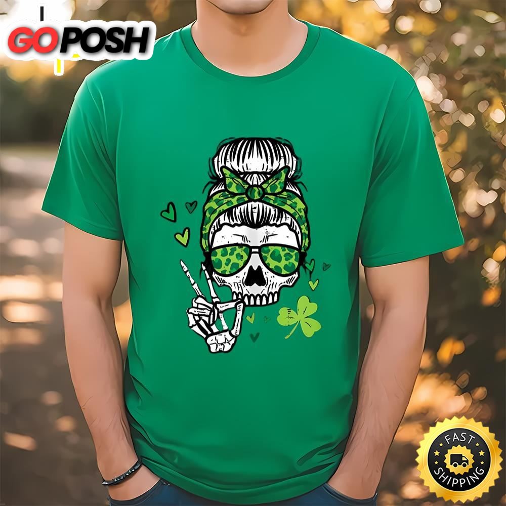 St Patricks Day Skull Messy Bun Saint Pattys Paddys T-Shirt