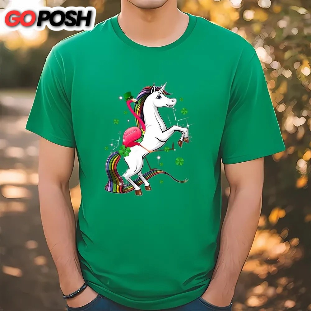 St Patricks Day T Shirt, Flamingo Riding Unicorn St Patricks Day Irish T-Shirt, Funny St Patricks Day Shirts