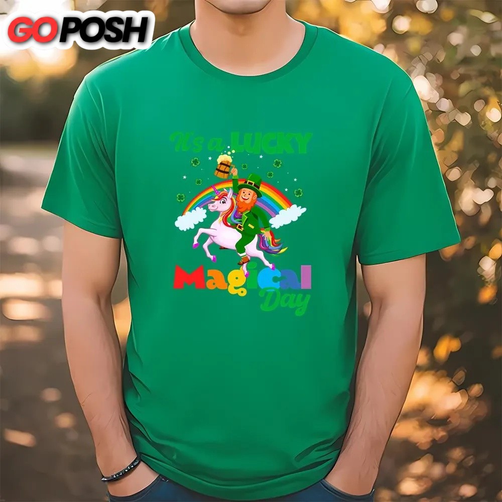 St Patricks Day T Shirt, It’s A Lucky Magical Day Leprechaun Unicorn Rainbow T-Shirt, Funny St Patricks Day Shirts