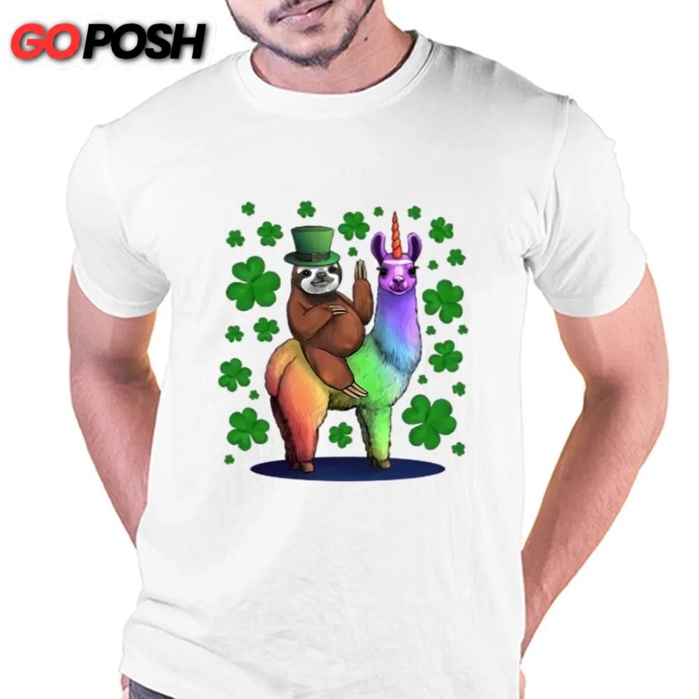 St Patricks Day T Shirt, Leprechaun Sloth Riding Llama Unicorn St Patricks Day T-Shirt, Funny St Patricks Day Shirts
