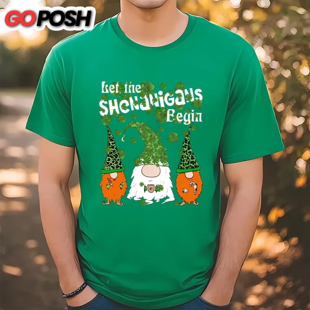 St Patricks Day T Shirt, Let Shenanigans Begin Gnomes Green Clovers St Patricks Day T-Shirt, Funny St Patricks Day Shirts