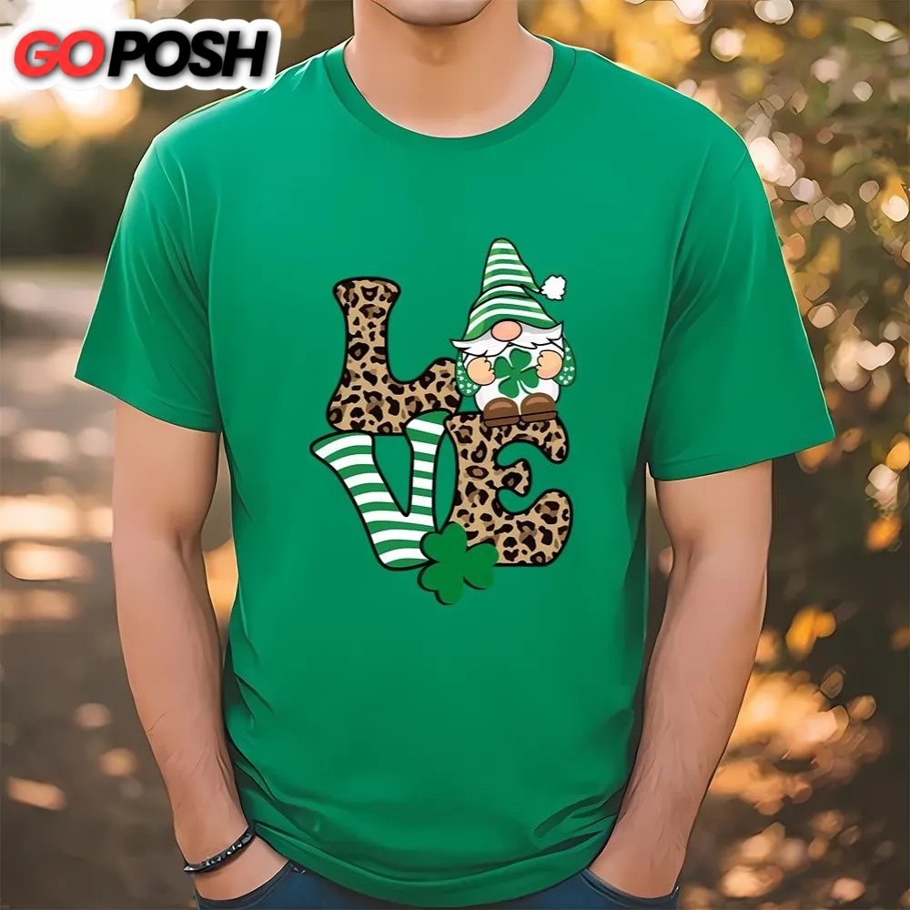 St Patricks Day T Shirt, Love St. Patrick’s Day Gnome Leopard Print T-Shirt, Funny St Patricks Day Shirts