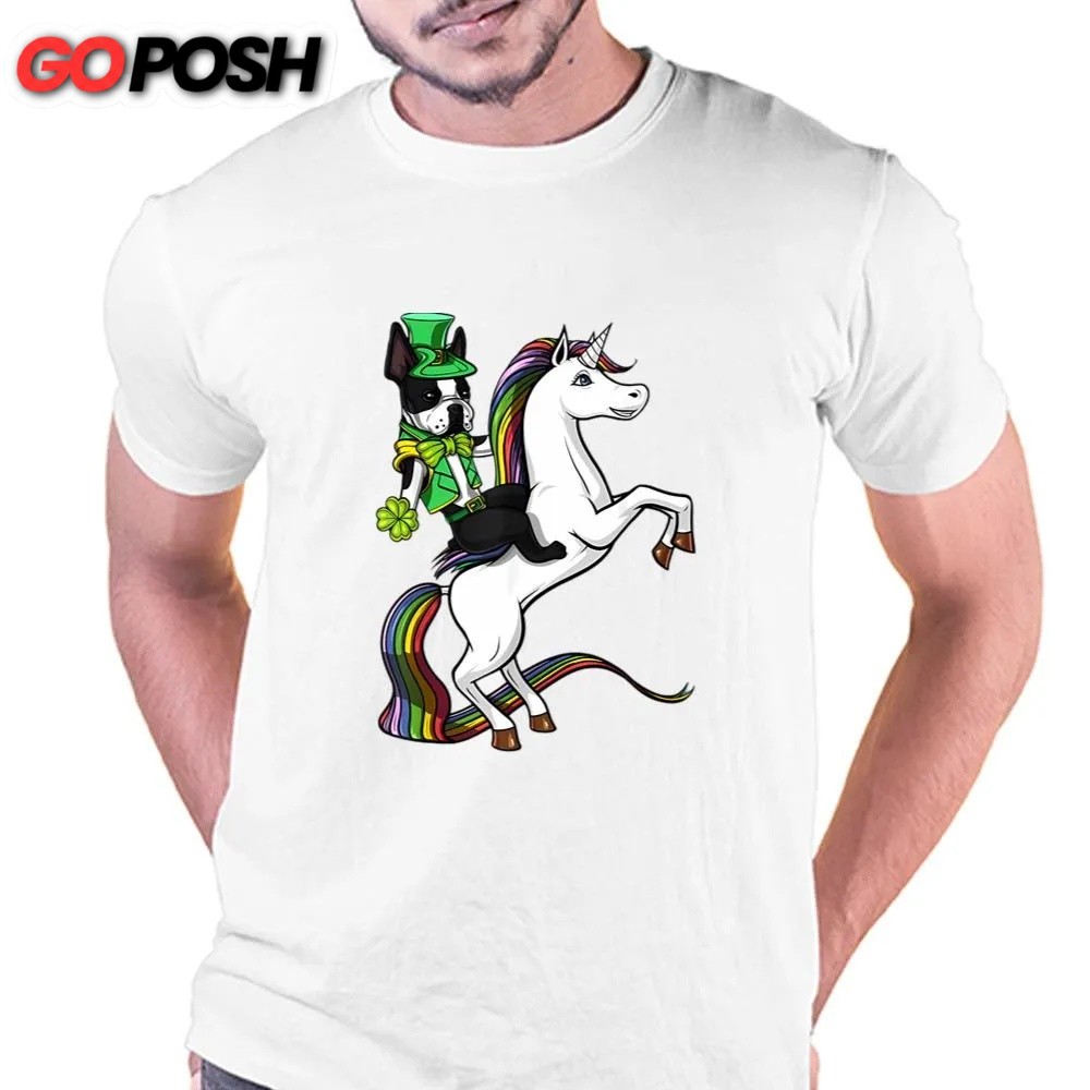 St Patricks Day T Shirt, St Patricks Day Boston Terrier Dog Riding Unicorn T-Shirt, Funny St Patricks Day Shirts