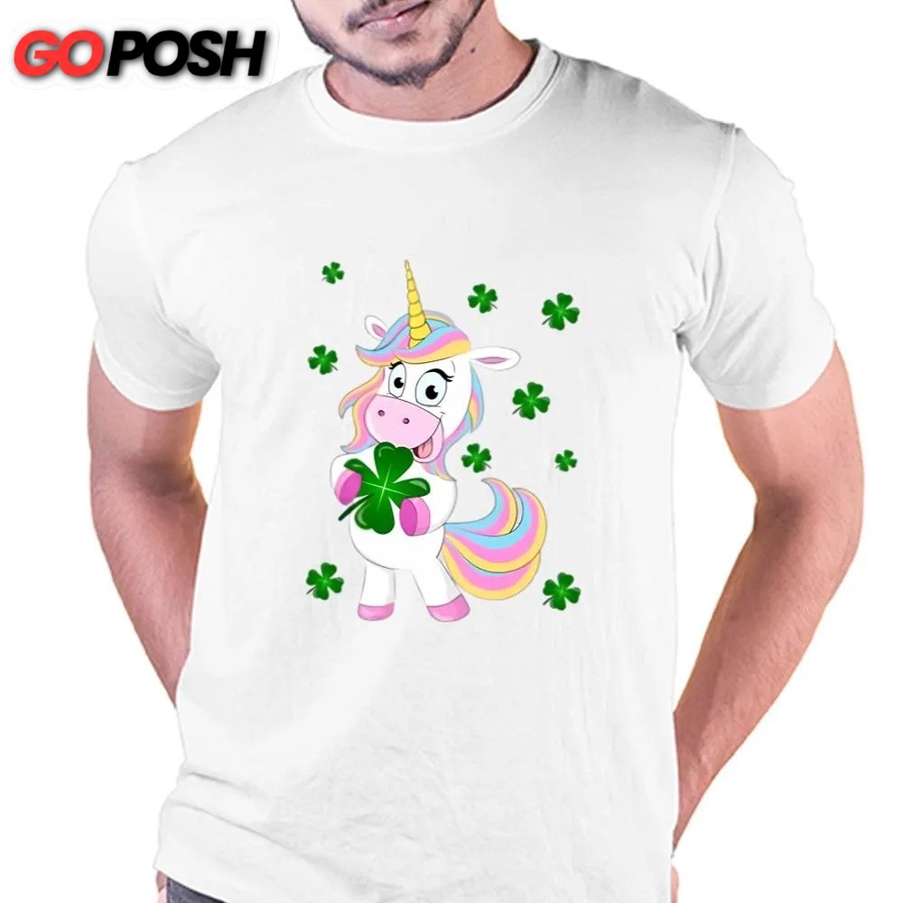 St Patricks Day T Shirt, St Patrick’s Day Lucky Unicorn Holding a Four Leaf Clover T-Shirt, Funny St Patricks Day Shirts