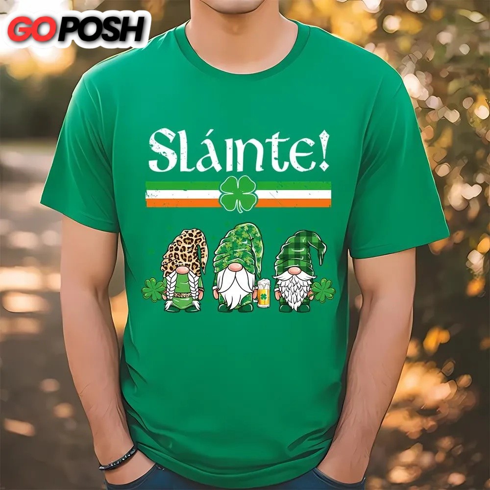 St Patricks Day T Shirt, Three Gnomes Leprechaun Irish Flag Cheers Slainte St. Patrick’s Day T-Shirt, Funny St Patricks Day Shirts