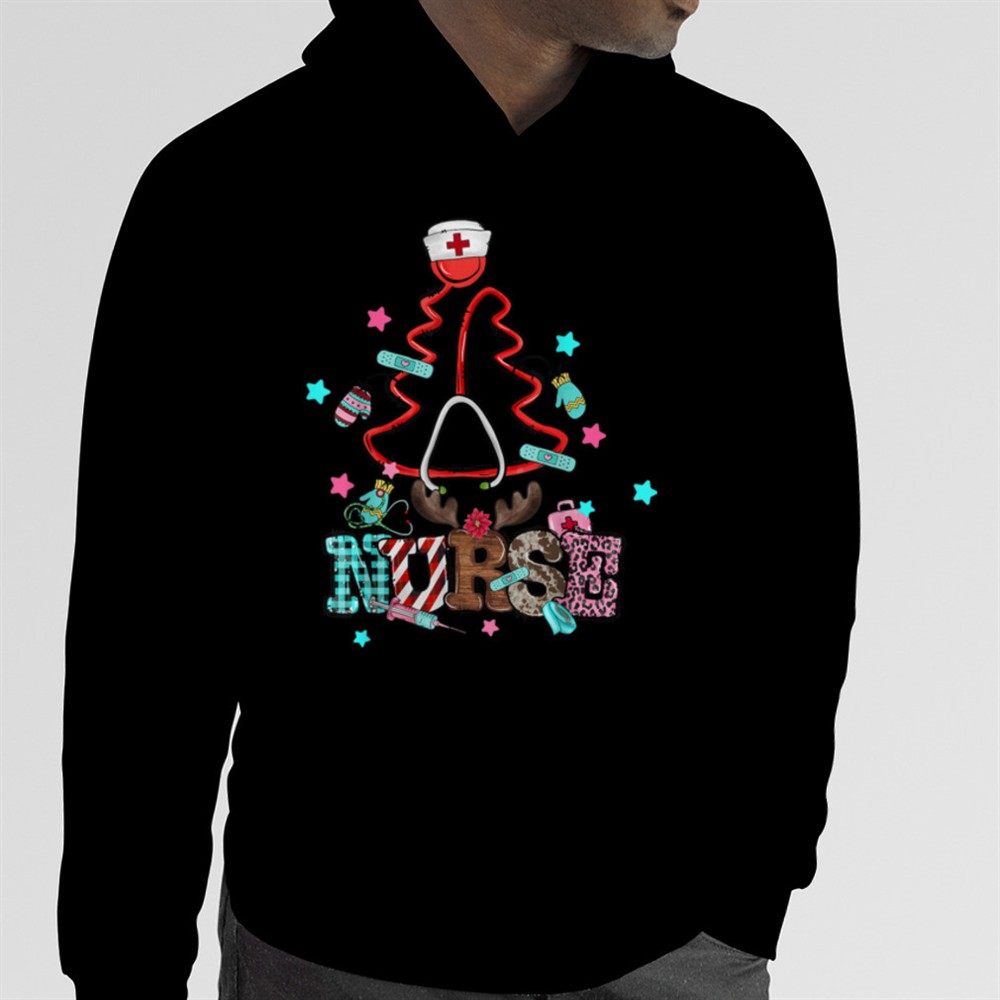 Stethoscope Christmas Tree Nurse Christmas Scrub Top Xmas T-Shirt B0BM7FTM14