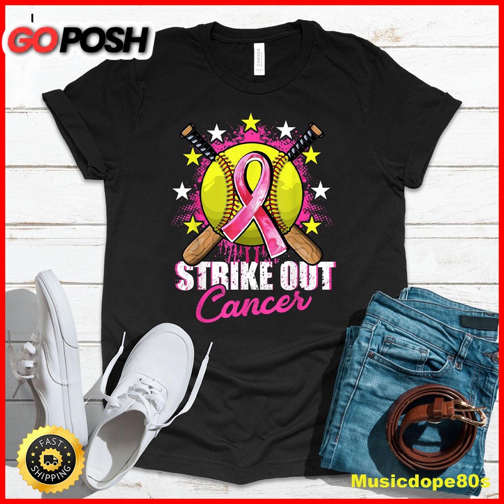 Strike Out Breast Cancer Awareness Day Pink Ribbon Softball T-Shirt