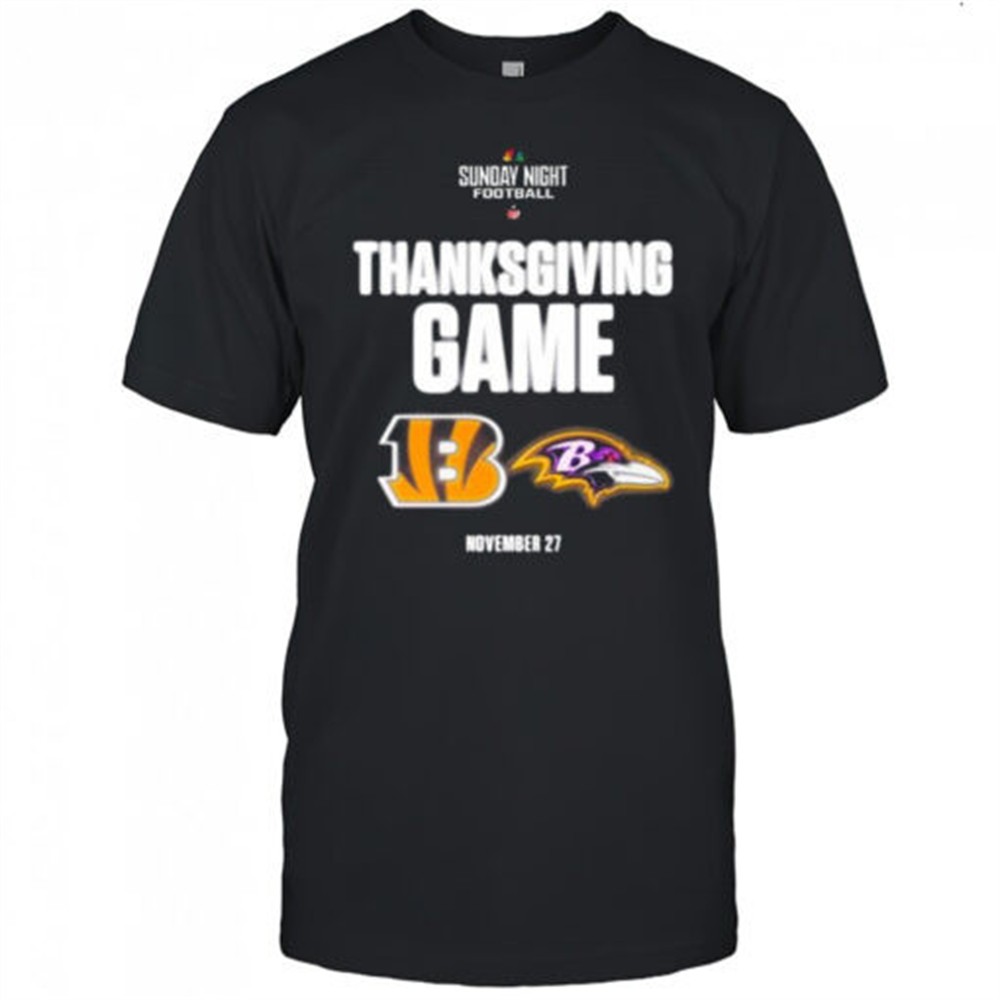 sunday-night-football-nfl-thanksgiving-game-cincinnati-bengals-vs-baltimore-rave-rnfljqnc Sunday Night Football NFL Thanksgiving Game Cincinnati Bengals vs Baltimore Ravens Nov 27 2025 t-shirt