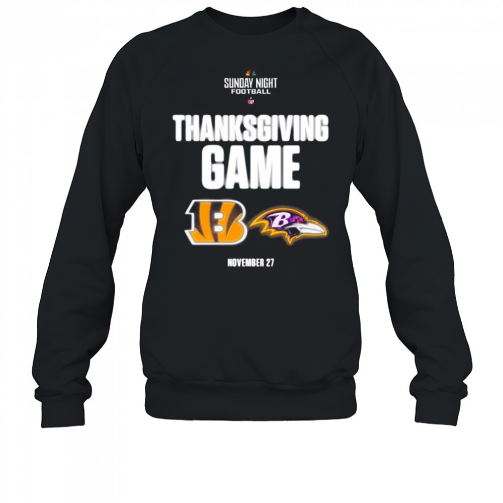 sunday-night-football-nfl-thanksgiving-game-cincinnati-bengals-vs-baltimore-rave-rnfljqnc Sunday Night Football NFL Thanksgiving Game Cincinnati Bengals vs Baltimore Ravens Nov 27 2025 t-shirt