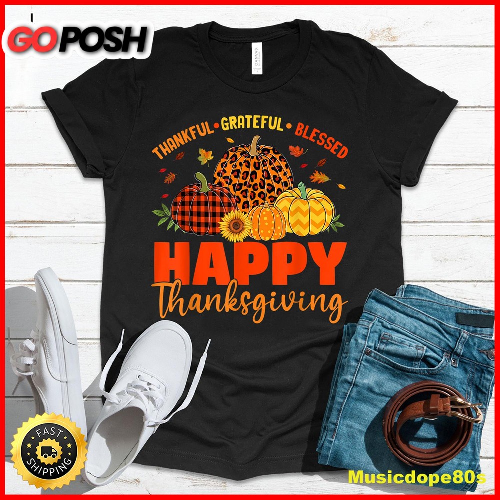 Thankful Grateful Blessed Leopard Plaid Pumpkin Thanksgiving T-Shirt