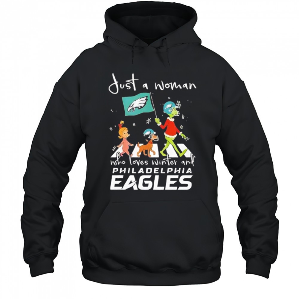 The Grinch And Friends Just A Woman Who Loves Winter And Philadelphia Eagles 2025 Shirt