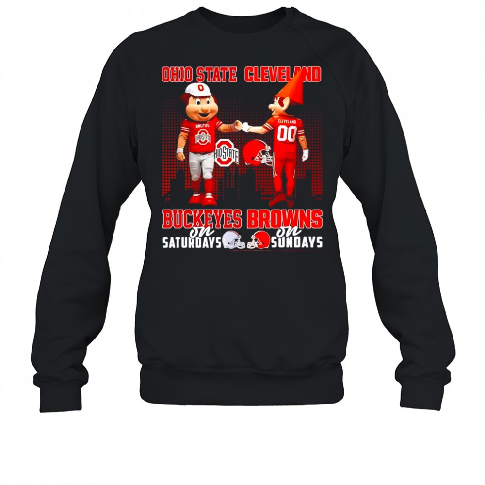 the-ohio-state-buckeyes-on-saturday-and-cleveland-browns-on-sundays-mascots-coll-2pyxggq6 The Ohio State Buckeyes on Saturday and Cleveland Browns on Sundays mascots college shirt