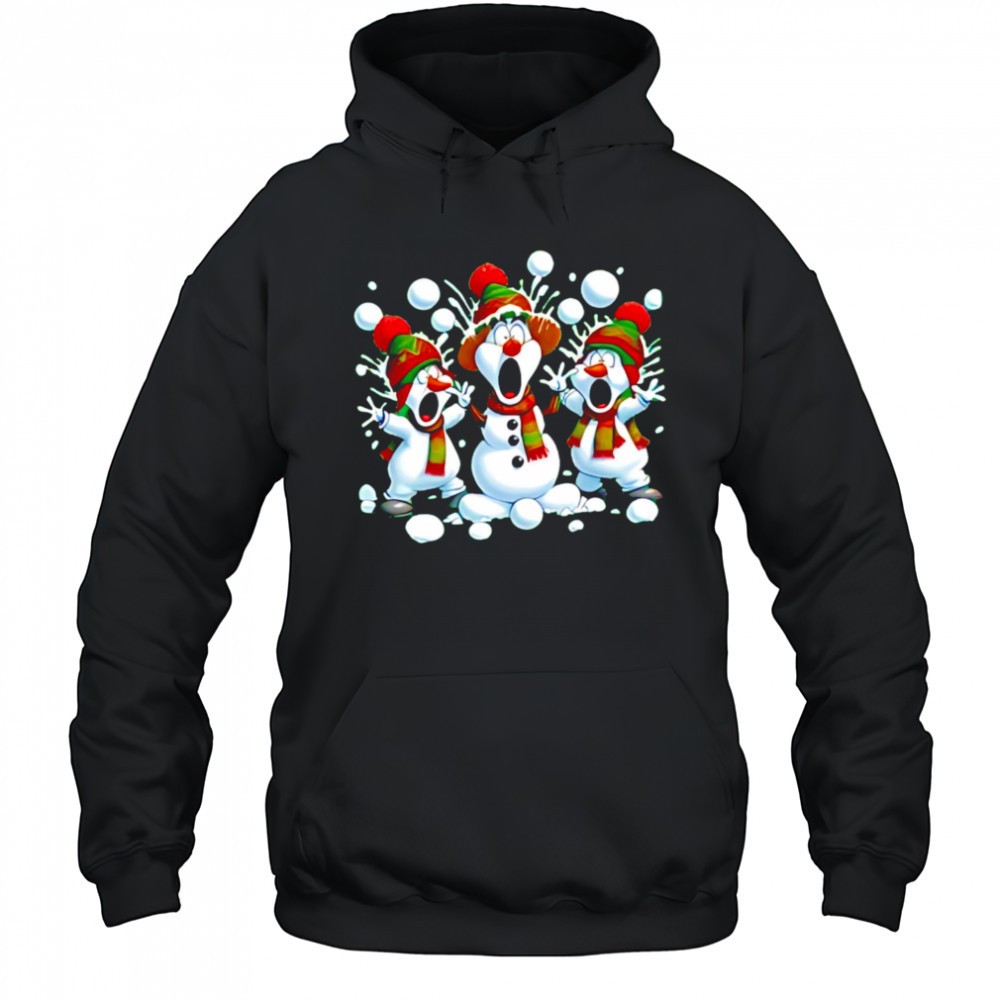 Three cartoon snowmen wearing Christmas hats and scarves shirt