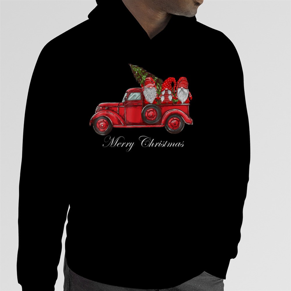 Three Gnomes In Red Truck With Merry Christmas Tree T-Shirt B0BM589VFN