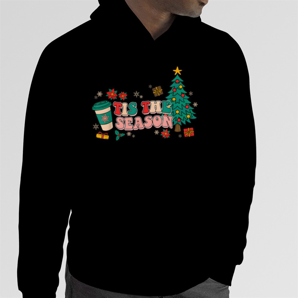 Tis The Season Groovy Christmas Hippie Hot Coffee Pine Tree T-Shirt B0BM9KV6XV
