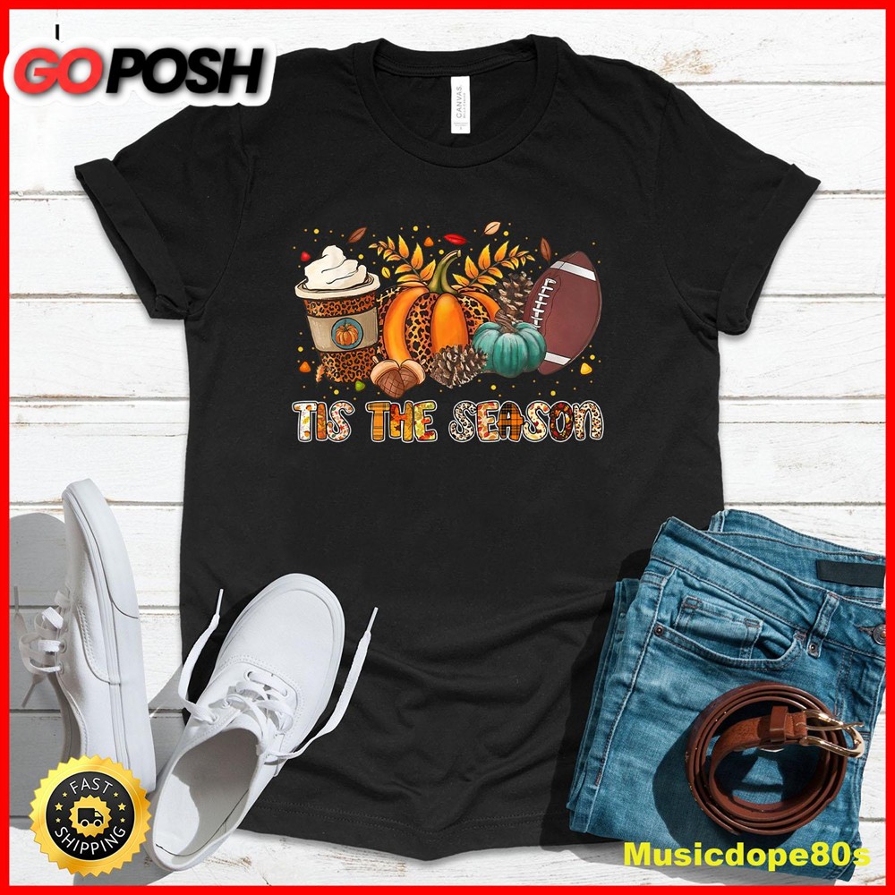 Tis The Season Leopard Pumpkin Football Halloween Fall T-Shirt