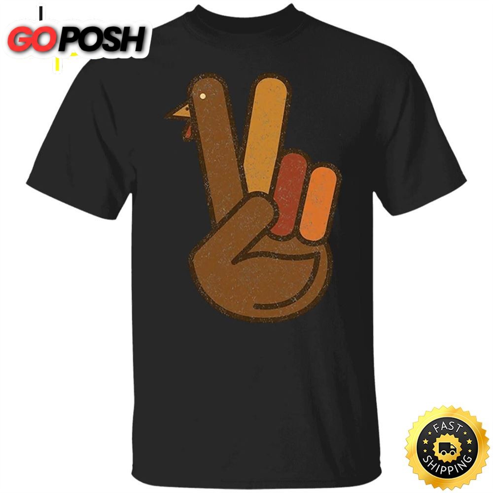 Turkey Peace Sign Hand T-Shirt Thanksgiving V Sign Hand Basic Graphic Tees Gifts For Friends